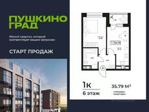 ЖК «Пушкино Град», планировка 1-комнатной квартиры, 35.79 м²
