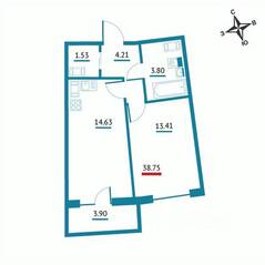 ЖК «Левитан», планировка 1-комнатной квартиры, 38.75 м²