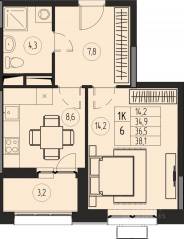 ЖК «Премиум (Пушкино)», планировка 1-комнатной квартиры, 36.50 м²