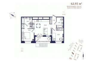 ЖК «Ranta Residence», планировка 2-комнатной квартиры, 62.93 м²