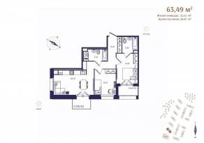 ЖК «Ranta Residence», планировка 2-комнатной квартиры, 63.49 м²