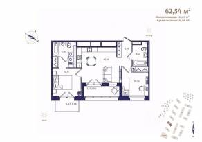 ЖК «Ranta Residence», планировка 2-комнатной квартиры, 62.54 м²