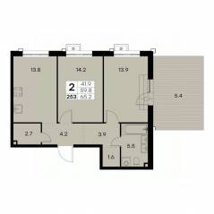 ЖК «Куркино 15», планировка 2-комнатной квартиры, 65.20 м²