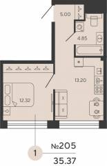 ЖК «Bashni Element», планировка 1-комнатной квартиры, 35.37 м²