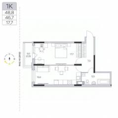 ЖК «Пироговская Ривьера», планировка 1-комнатной квартиры, 46.80 м²