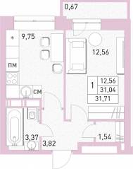 ЖК «Столичный», планировка 1-комнатной квартиры, 30.90 м²
