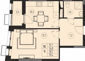 ЖК «Премиум (Пушкино)», планировка 1-комнатной квартиры, 38.10 м²