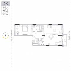ЖК «Пироговская Ривьера», планировка 2-комнатной квартиры, 67.10 м²