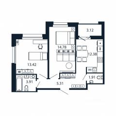 ЖК «Полис Новоселье», планировка 2-комнатной квартиры, 53.27 м²
