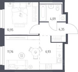 ЖК «Прибрежный Парк», планировка 1-комнатной квартиры, 38.08 м²