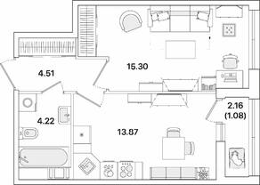 ЖК «Академик», планировка 1-комнатной квартиры, 38.98 м²
