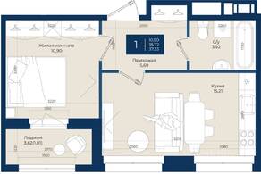 ЖК «Новатория», планировка 1-комнатной квартиры, 37.53 м²