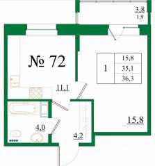 ЖК «Орловский бульвар», планировка 1-комнатной квартиры, 36.30 м²
