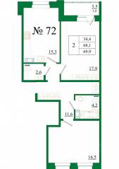 ЖК «Орловский бульвар», планировка 2-комнатной квартиры, 69.90 м²