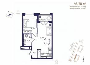 ЖК «Ranta Residence», планировка 1-комнатной квартиры, 43.78 м²