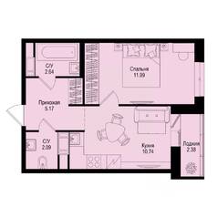 ЖК «ID Kudrovo II», планировка 1-комнатной квартиры, 33.82 м²