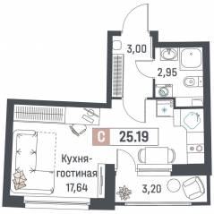 ЖК «Авиатор» (Девяткино), планировка студии, 25.19 м²