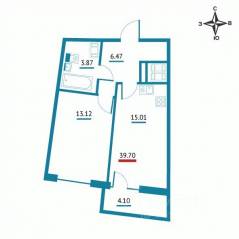 ЖК «Левитан», планировка 1-комнатной квартиры, 39.70 м²