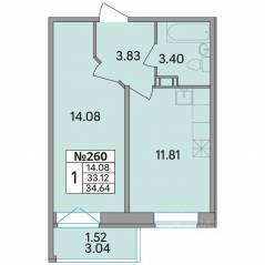 ЖК «Рождественский квартал», планировка 1-комнатной квартиры, 34.64 м²