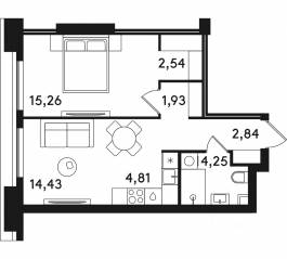 ЖК «Solos», планировка 1-комнатной квартиры, 46.06 м²