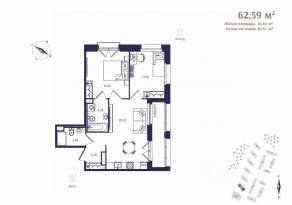 ЖК «Ranta Residence», планировка 2-комнатной квартиры, 62.59 м²