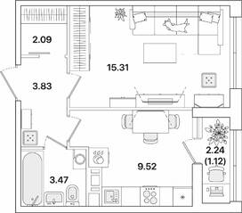 ЖК «Академик», планировка 1-комнатной квартиры, 35.34 м²