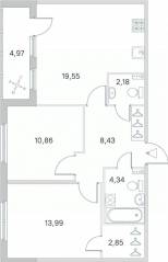 МЖК «Любоград», планировка 2-комнатной квартиры, 64.69 м²