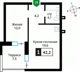 ЖК «Лесная Отрада», планировка 1-комнатной квартиры, 42.20 м²