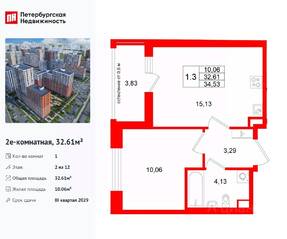ЖК «Город звезд», планировка 1-комнатной квартиры, 32.61 м²
