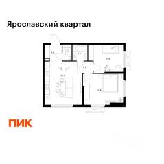 ЖК «Ярославский квартал», планировка 2-комнатной квартиры, 57.50 м²