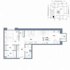 ЖК «Страна.Озерная», планировка 2-комнатной квартиры, 61.90 м²