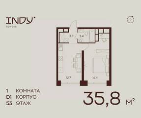 ЖК «Indy Towers», планировка 1-комнатной квартиры, 35.80 м²