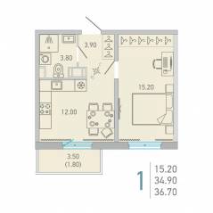 ЖК «Lovo», планировка 1-комнатной квартиры, 36.70 м²