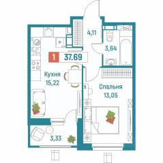 ЖК «Графика», планировка 1-комнатной квартиры, 37.69 м²