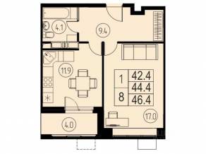 ЖК «River Park», планировка 1-комнатной квартиры, 44.40 м²
