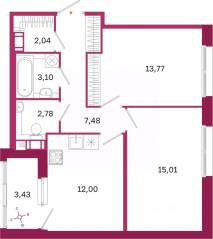 ЖК «Дом на Курской», планировка 2-комнатной квартиры, 57.90 м²