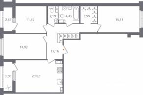 ЖК «Б15», планировка 3-комнатной квартиры, 89.25 м²