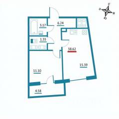 ЖК «Левитан», планировка 1-комнатной квартиры, 38.62 м²