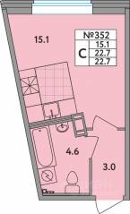 ЖК «Удача», планировка студии, 22.70 м²