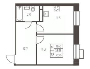 ЖК «Новая Ивантеевка», планировка 1-комнатной квартиры, 39.00 м²