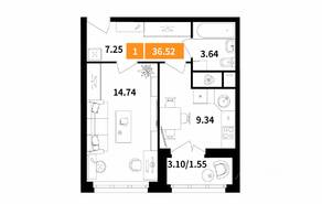 ЖК «Планерный квартал», планировка 1-комнатной квартиры, 36.52 м²