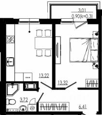 МЖК «Liberty dom», планировка 1-комнатной квартиры, 37.58 м²