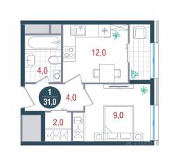 ЖК «Русич Кантемировский», планировка студии, 31.00 м²