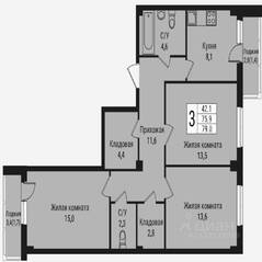 ЖК «Южная заря», планировка 3-комнатной квартиры, 82.30 м²