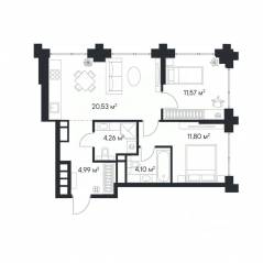 ЖК «1-й Нагатинский», планировка 2-комнатной квартиры, 57.27 м²