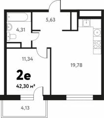 ЖК «Южное Пушкино», планировка 2-комнатной квартиры, 41.73 м²