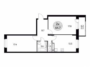 ЖК «Солнечная долина» (Щелково), планировка 2-комнатной квартиры, 64.70 м²