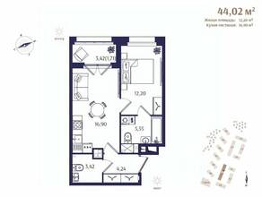 ЖК «Ranta Residence», планировка 1-комнатной квартиры, 44.02 м²