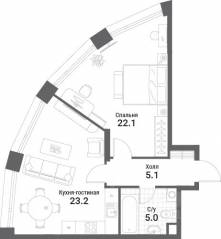 ЖК «Nagatino i-Land», планировка 1-комнатной квартиры, 55.40 м²