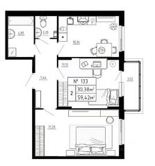 МЖК «Аннино Сити», планировка 2-комнатной квартиры, 59.42 м²